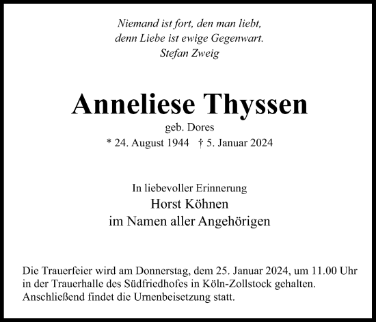 Anzeige von Anneliese Thyssen von Kölner Stadt-Anzeiger / Kölnische Rundschau / Express