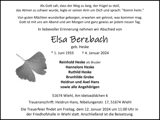 Anzeige von Elsa Berzbach von Kölner Stadt-Anzeiger / Kölnische Rundschau / Express