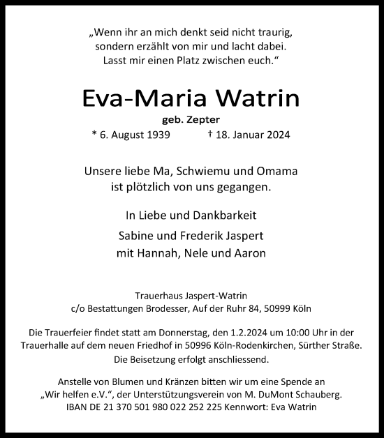 Anzeige von Eva-Maria Watrin von Kölner Stadt-Anzeiger / Kölnische Rundschau / Express