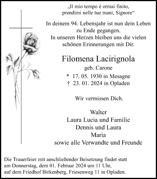 Anzeige von Filomena Lacirignola von Kölner Stadt-Anzeiger / Kölnische Rundschau / Express