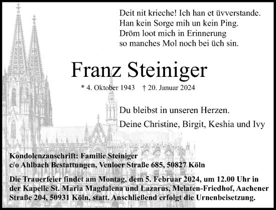 Anzeige von Franz Steiniger von Kölner Stadt-Anzeiger / Kölnische Rundschau / Express