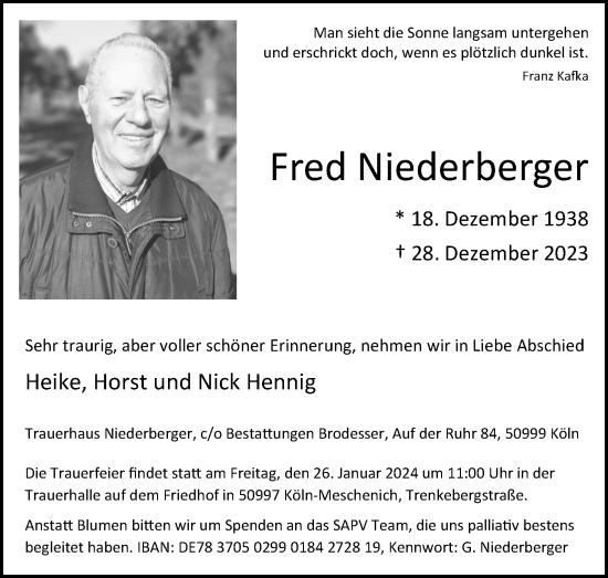 Anzeige von Fred Niederberger von Kölner Stadt-Anzeiger / Kölnische Rundschau / Express