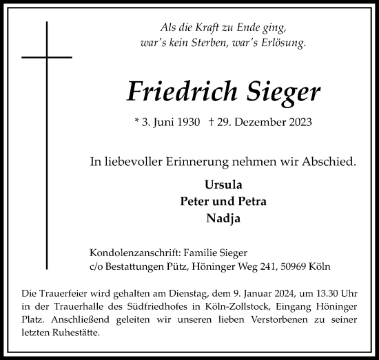 Anzeige von Friedrich Sieger von Kölner Stadt-Anzeiger / Kölnische Rundschau / Express