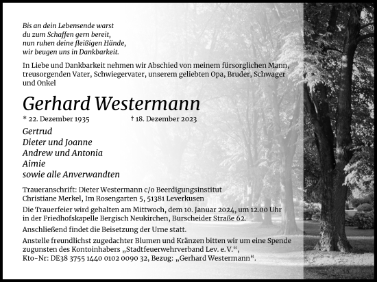 Traueranzeigen Von Gerhard Westermann WirTrauern