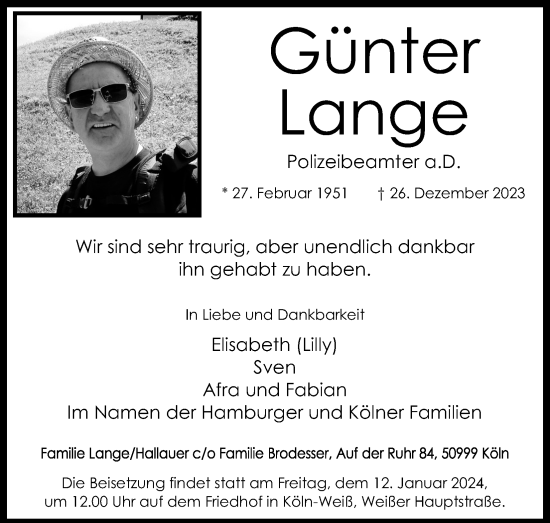 Anzeige von Günter Lange von Kölner Stadt-Anzeiger / Kölnische Rundschau / Express