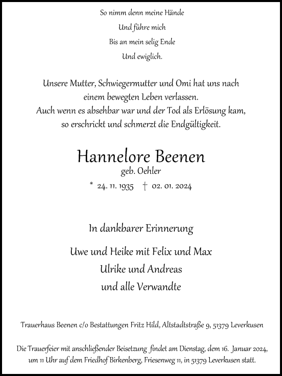 Anzeige von Hannelore Beenen von Kölner Stadt-Anzeiger / Kölnische Rundschau / Express