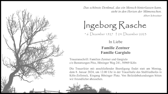 Anzeige von Ingeborg Rasche von Kölner Stadt-Anzeiger / Kölnische Rundschau / Express