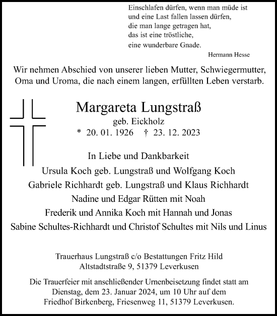Anzeige von Margareta Lungstraß von Kölner Stadt-Anzeiger / Kölnische Rundschau / Express