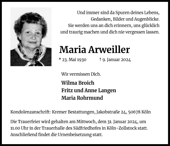 Anzeige von Maria Arweiller von Kölner Stadt-Anzeiger / Kölnische Rundschau / Express