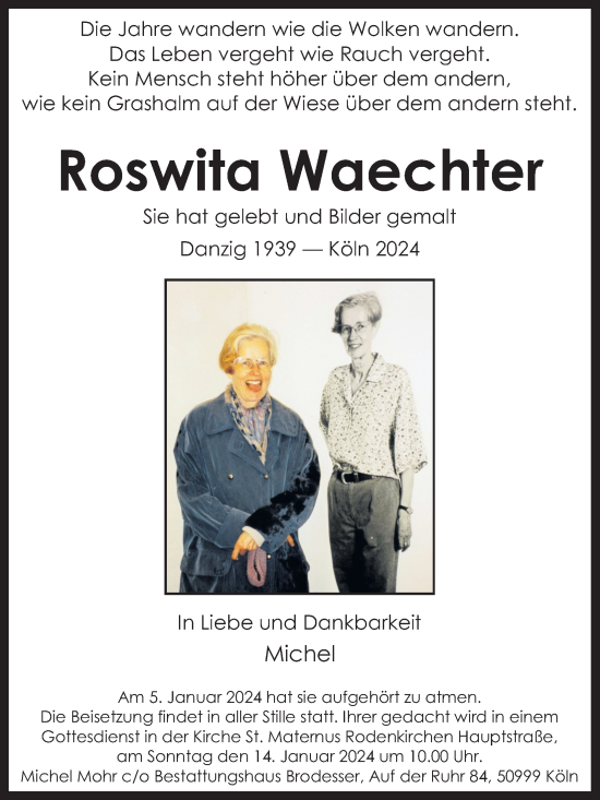 Anzeige von Roswita Waechter von Kölner Stadt-Anzeiger / Kölnische Rundschau / Express