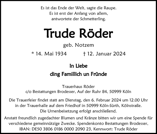 Anzeige von Trude Röder von Kölner Stadt-Anzeiger / Kölnische Rundschau / Express