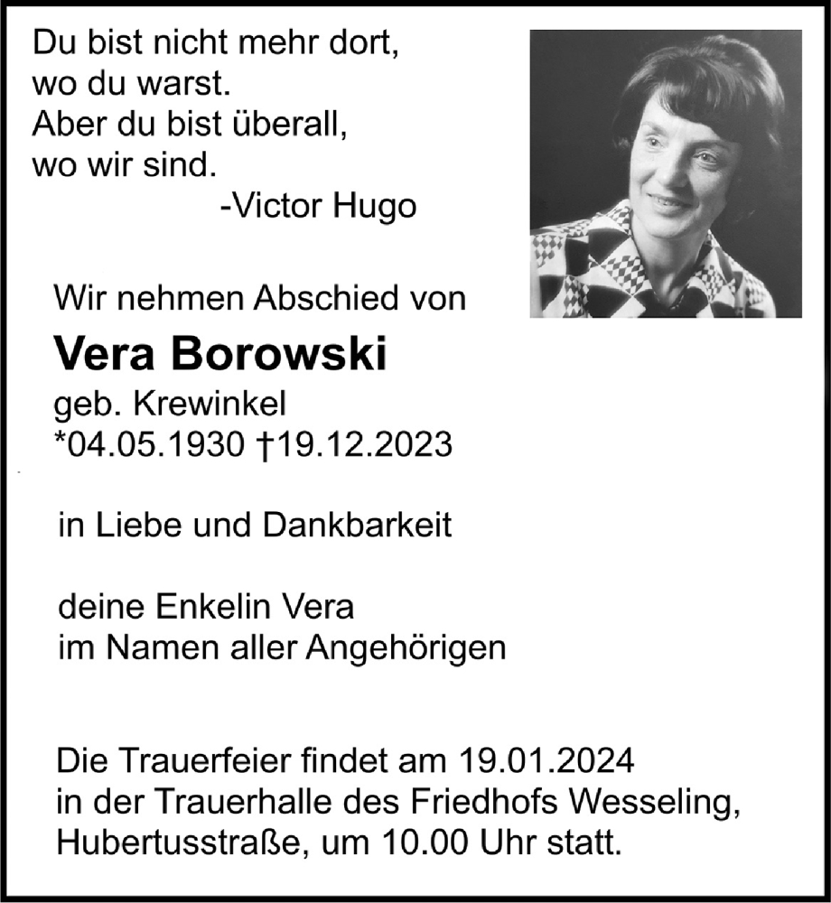 Traueranzeigen Von Vera Borowski WirTrauern