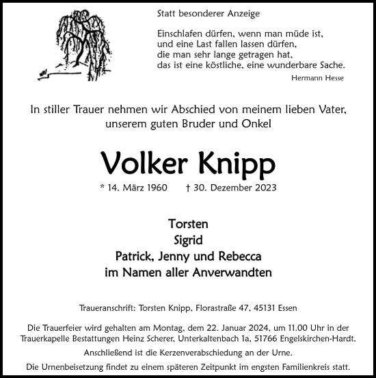 Traueranzeigen Von Volker Knipp WirTrauern