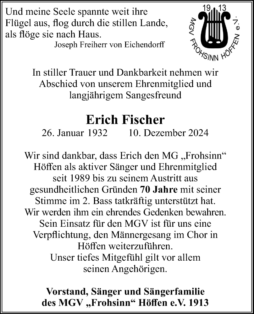 Traueranzeigen Von Erich Fischer WirTrauern