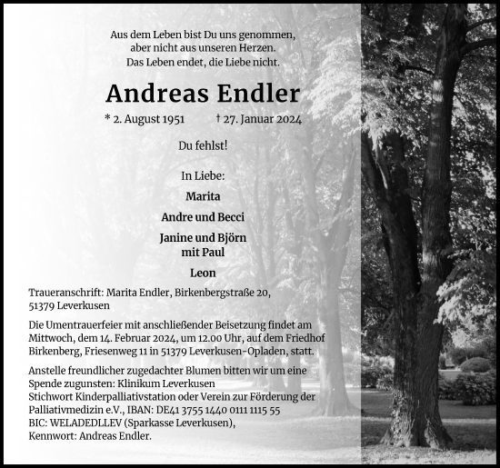 Anzeige von Andreas Endler von Kölner Stadt-Anzeiger / Kölnische Rundschau / Express