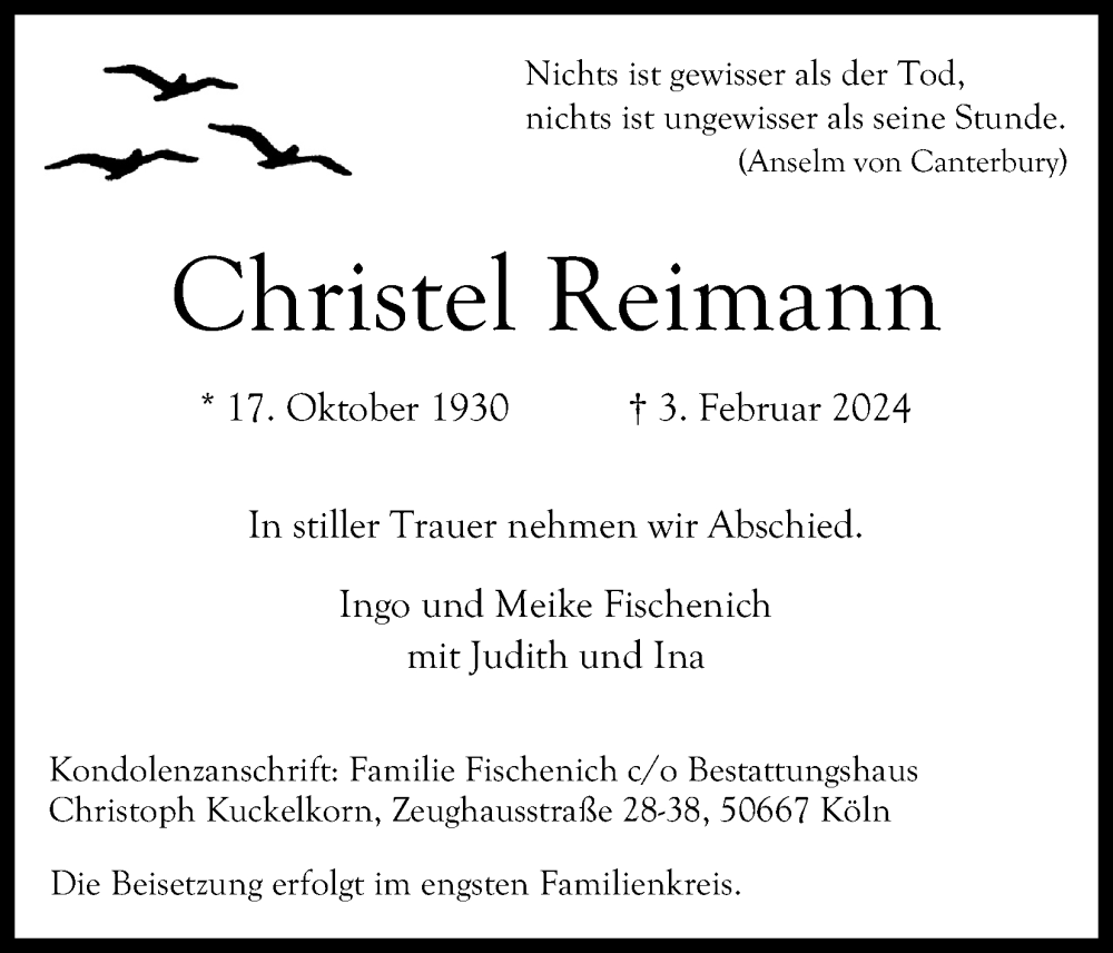 Traueranzeigen Von Christel Reimann WirTrauern