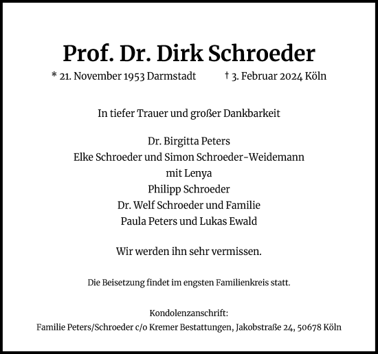 Anzeige von Dirk Schroeder von Kölner Stadt-Anzeiger / Kölnische Rundschau / Express