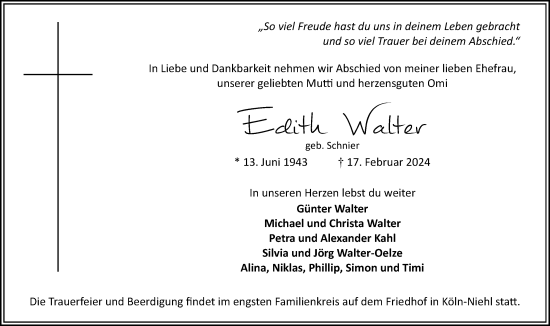 Traueranzeigen Von Edith Walter WirTrauern