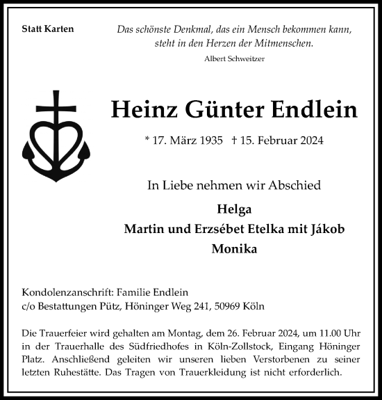 Anzeige von Heinz Günter Endlein von Kölner Stadt-Anzeiger / Kölnische Rundschau / Express
