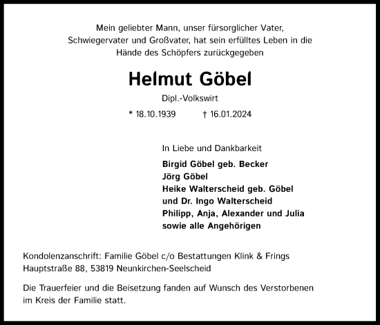 Anzeige von Helmut Göbel von Kölner Stadt-Anzeiger / Kölnische Rundschau / Express