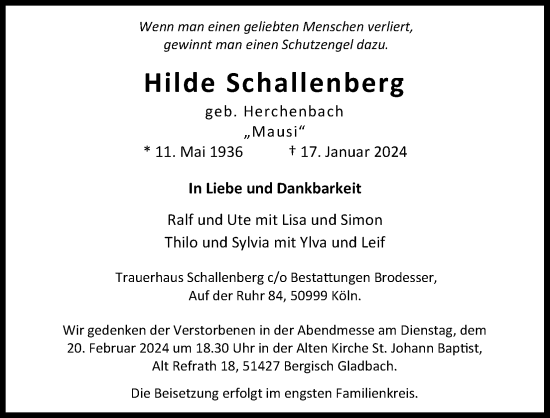 Anzeige von Hilde Schallenberg von Kölner Stadt-Anzeiger / Kölnische Rundschau / Express