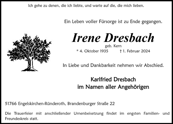 Traueranzeigen Von Irene Dresbach WirTrauern