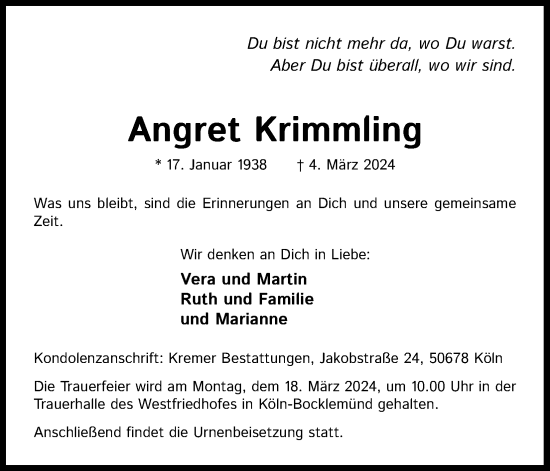 Anzeige von Angret Krimmling von Kölner Stadt-Anzeiger / Kölnische Rundschau / Express