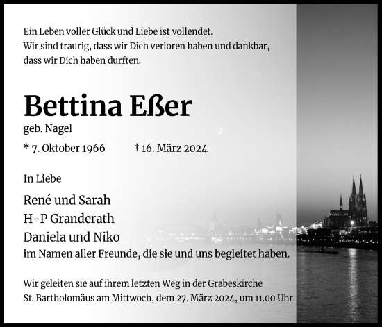 Anzeige von Bettina Eßer von Kölner Stadt-Anzeiger / Kölnische Rundschau / Express