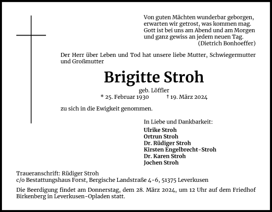 Anzeige von Brigitte Stroh von Kölner Stadt-Anzeiger / Kölnische Rundschau / Express