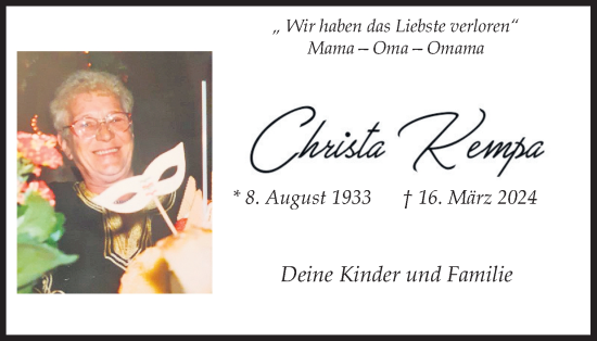 Anzeige von Christa Kempa von Kölner Stadt-Anzeiger / Kölnische Rundschau / Express