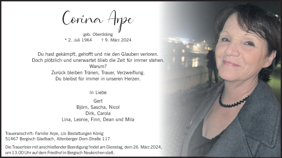 Anzeige von Corina Arpe von Kölner Stadt-Anzeiger / Kölnische Rundschau / Express