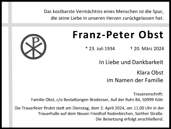 Anzeige von Franz-Peter Obst von Kölner Stadt-Anzeiger / Kölnische Rundschau / Express