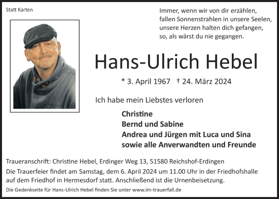 Anzeige von Hans-Ulrich Hebel von  Lokalanzeiger 
