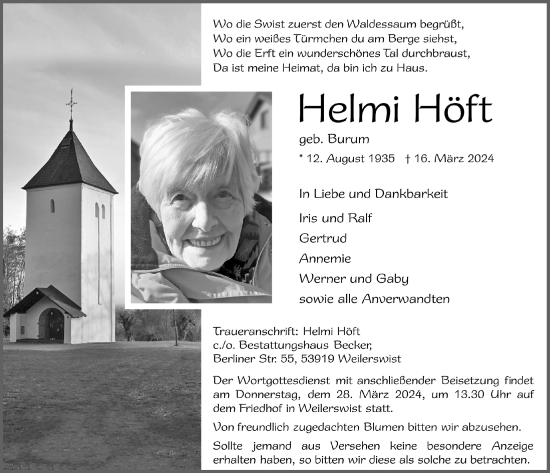 Anzeige von Helmi Höft von  Schlossbote/Werbekurier 