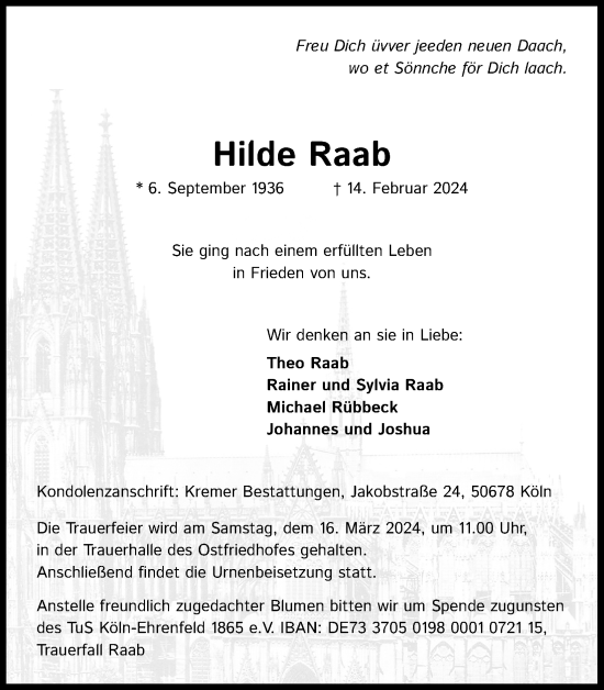 Anzeige von Hilde Raab von Kölner Stadt-Anzeiger / Kölnische Rundschau / Express