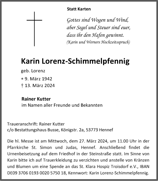 Anzeige von Karin Lorenz-Schimmelpfennig von Kölner Stadt-Anzeiger / Kölnische Rundschau / Express