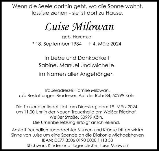 Anzeige von Luise Milowan von Kölner Stadt-Anzeiger / Kölnische Rundschau / Express