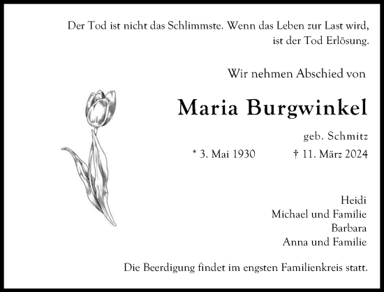 Anzeige von Maria Burgwinkel von Kölner Stadt-Anzeiger / Kölnische Rundschau / Express