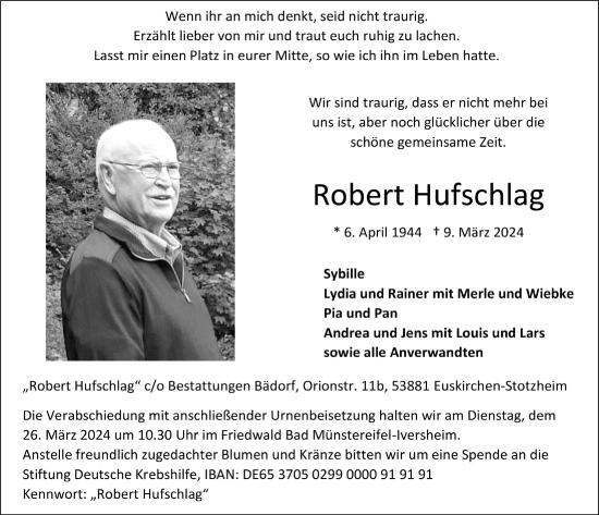 Anzeige von Robert Hufschlag von  Blickpunkt Euskirchen 