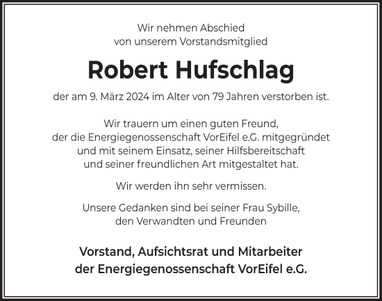 Anzeige von Robert Hufschlag von  Blickpunkt Euskirchen 