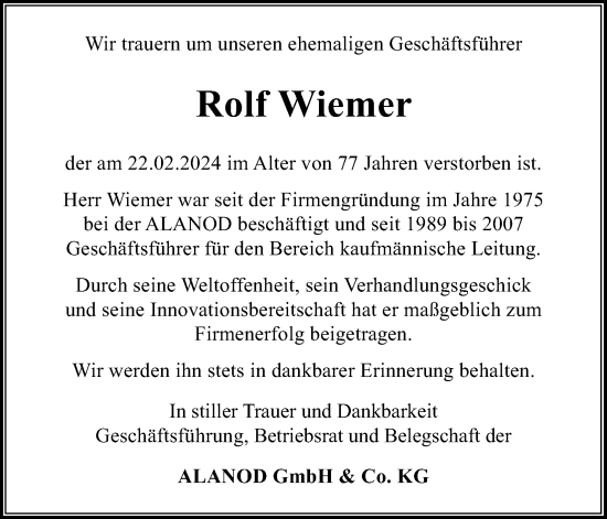 Traueranzeigen Von Rolf Wiemer WirTrauern