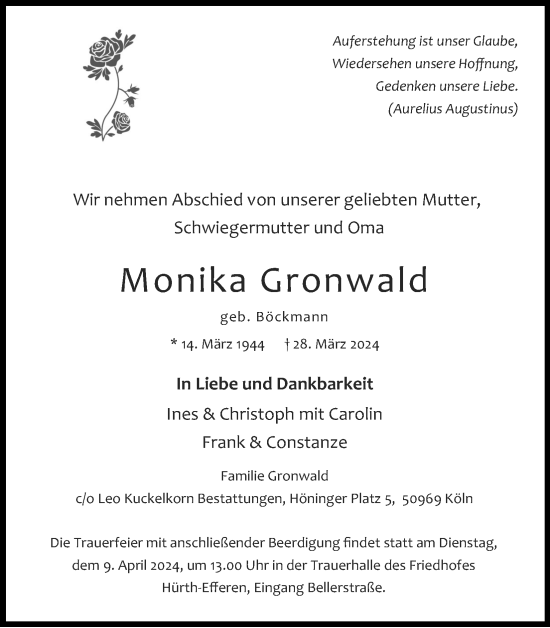 Anzeige von Monika Gronwald von KÖLNER STADT-ANZEIGER / KÖLNISCHE RUNDSCHAU / EXPRESS