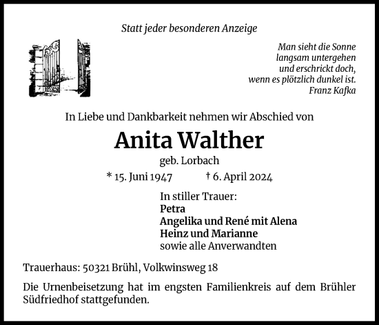Anzeige von Anita Walther von Kölner Stadt-Anzeiger / Kölnische Rundschau / Express