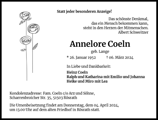 Anzeige von Annelore Coeln von Kölner Stadt-Anzeiger / Kölnische Rundschau / Express