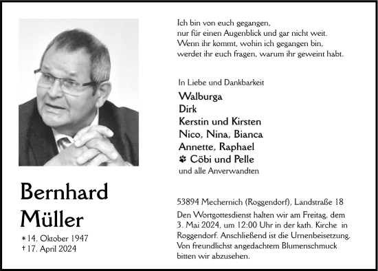 Anzeige von Bernhard Müller von  Blickpunkt Euskirchen 