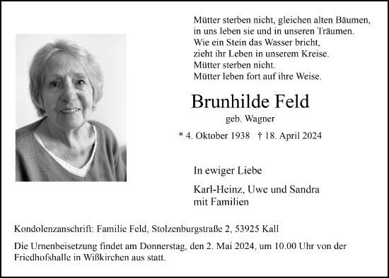 Anzeige von Brunhilde Feld von  Blickpunkt Euskirchen 