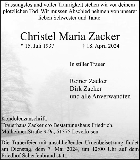 Anzeige von Christel Maria Zacker von Kölner Stadt-Anzeiger / Kölnische Rundschau / Express