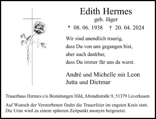 Anzeige von Edith Hermes von Kölner Stadt-Anzeiger / Kölnische Rundschau / Express