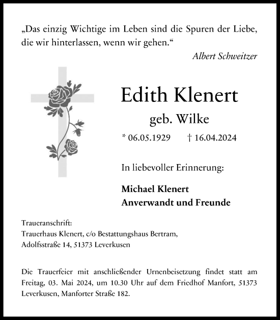 Anzeige von Edith Klenert von Kölner Stadt-Anzeiger / Kölnische Rundschau / Express