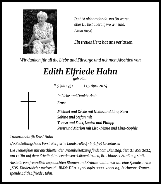 Anzeige von Edith Elfriede Hahn von Kölner Stadt-Anzeiger / Kölnische Rundschau / Express